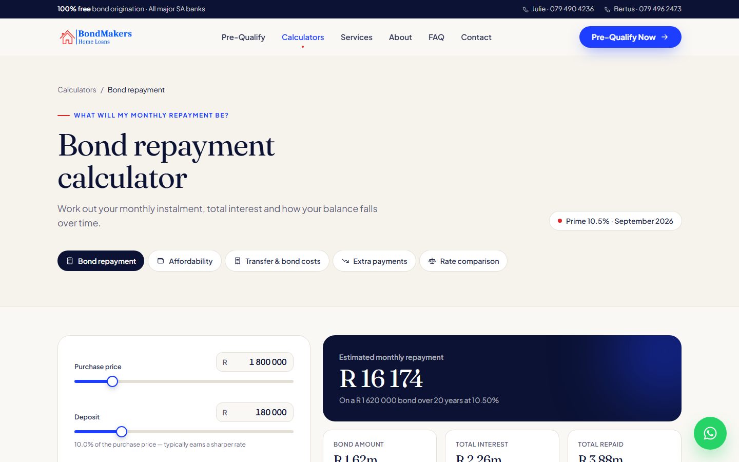 The bond repayment calculator on the BondMakers website