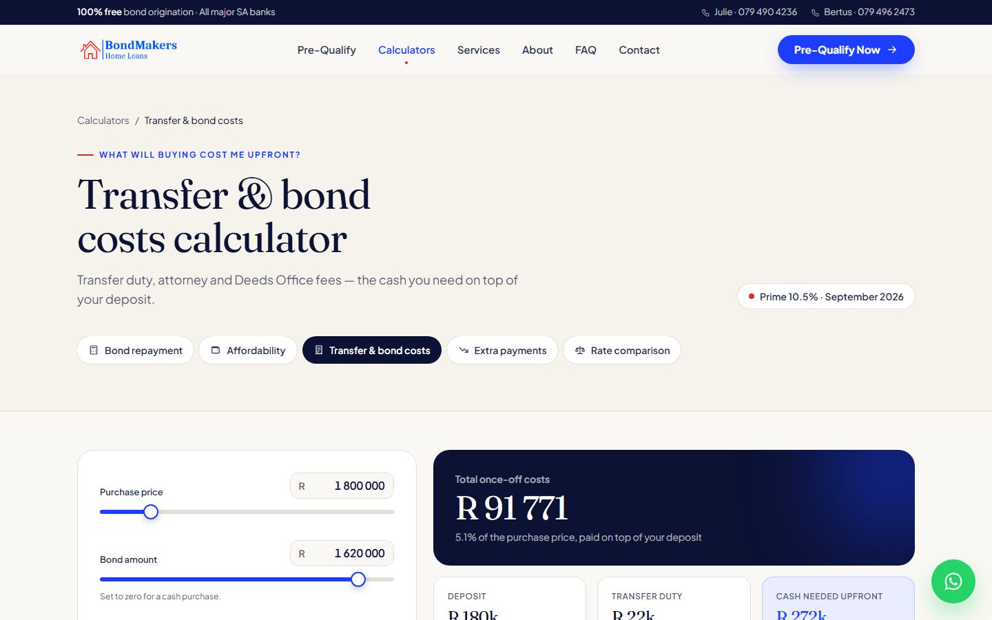 The transfer and bond costs calculator